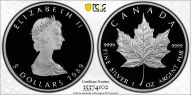 1989 $5 10th Ann Maple Leaf Ag PR69DCAM