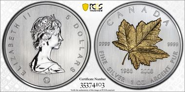 2008 $5 ML 20th Anniversary Gold Plated MS69