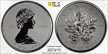 2013 $5 Maple Leaf/Ag Rev Proof 25th Anniversary PR69