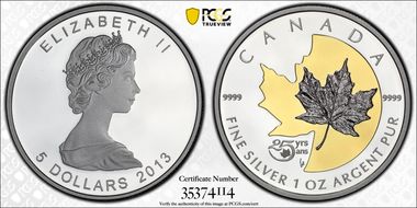2013 $5 Maple Leaf 25th Ann. Selective Gilt PR69DCAM
