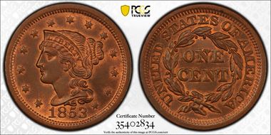 1853 1C Newcomb 8 MS66RB
