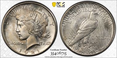 1921 $1 High Relief, Peace MS65