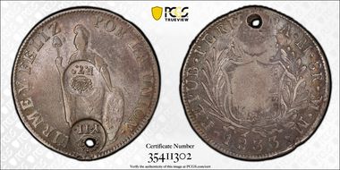 (1834-37) 8 R F.7.0 & Y.II., Sgl Y.II. C/M on Holed KM-142.3 8R VF20