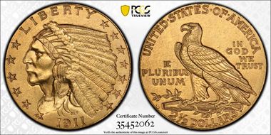 1911-D $2.50 Strong D AU58