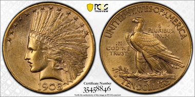 1908-D $10 Motto AU58