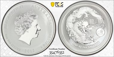 2012-P $1 Year of the Dragon Ag w/Lion Privy Mark MS69