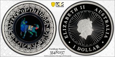 2018-P $1 Year of the Dog Opal Ag PR70DCAM