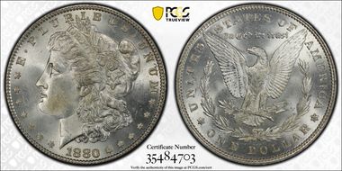1880 $1 VAM 9, 8/7 Stem MS64