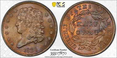 1834 1/2C C-1 MS65BN