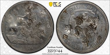 1876 T$1 Chopmarked AU55