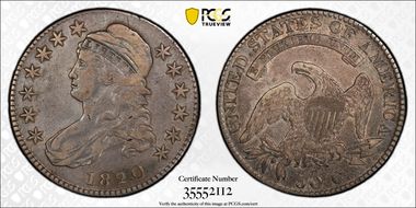 1820 50C Curl Base 2, Small Date VF30