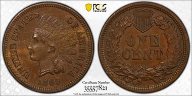 1865 1C Fancy 5 AU58BN