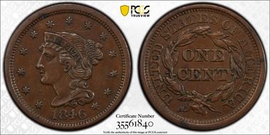 1846 1C Medium Date AU50BN