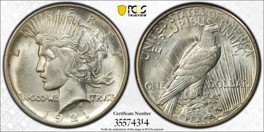 1921 $1 High Relief, Peace MS64