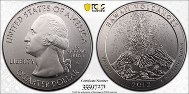 2012-P 25C Hawaii Volcanoes NP 5 oz Silver SP69