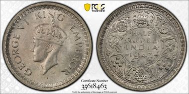 1943(B) 1/2 Rup SW-9.58 Dot MS64