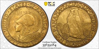 1915-S $50 Panama-Pacific, Round MS64+ 