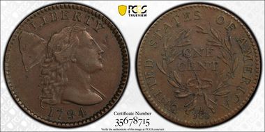 1794 1C S-67, Roman Plicae AU50BN