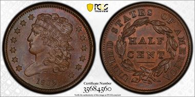 1835 1/2C MS65BN