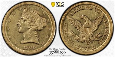 1860-D $5 Large D AU55