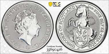 2018 £5 Unicorn of Scotland Queen's Beasts 2oz Ag MS66