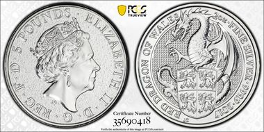 2017 £5 Red Dragon of Wales Queen's Beasts 2 oz Ag MS67