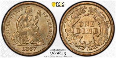 1867-S 10C MS63