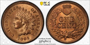 1864 1C L on Ribbon MS66RD