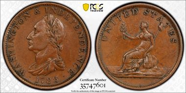 1783 Copper Washington Draped, No Button AU55BN