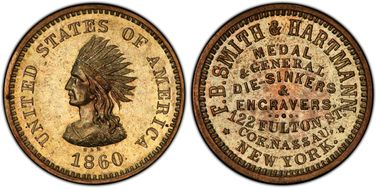 1860 Token Miller NY-818 Brass F.B. Smith & Hartmann MS63