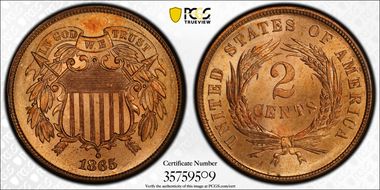 1865 2C Fancy 5 MS66+ RD