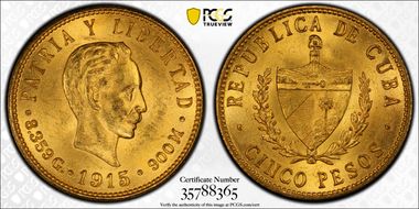 1915 5 Peso KM-19  Au MS64