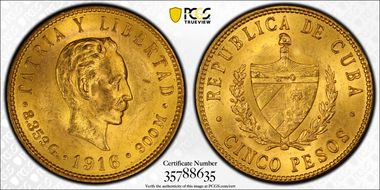 1916 5 Peso KM-19  Au MS64