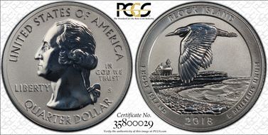 2018-S 25C Block Island NP-Silver Rev PR 50th Anniversary Set PR69
