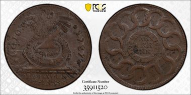 1787 Fugio 1C States United, 4 Cinq AU58+ BN