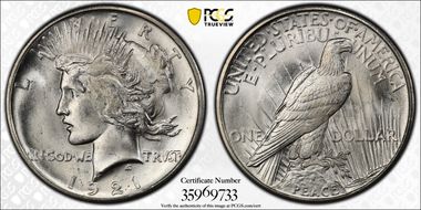 1921 $1 High Relief, Peace MS64