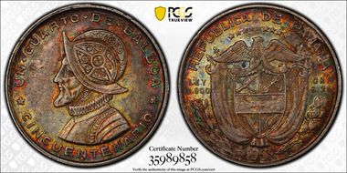 1953 1/4 B Republic of Panama 50th Ann. AU58