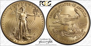 2006-W $50 Burnished Gold Eagle 20th Anniversary SP70