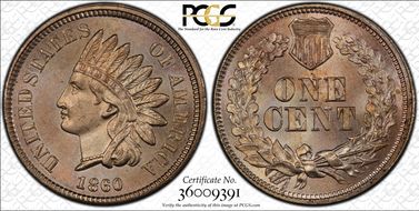 1860 1C Pointed Bust MS65