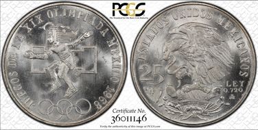 1968-Mo 25 Peso Olympic KM-479.1 Rings Align, Straight Tongue MS67