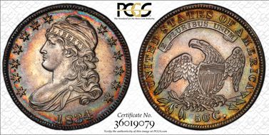 1834 50C Large Date, Small Letters AU58