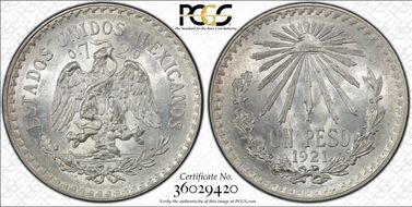 1921-M Peso KM-455  Ag MS63