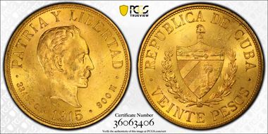 1915 20 Peso KM-21  Au MS63