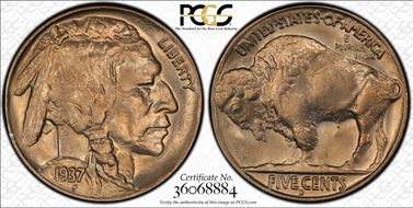 1937-D 5C 3 Legs MS65+