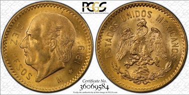 1919-M 10 Peso KM-473  Au MS64