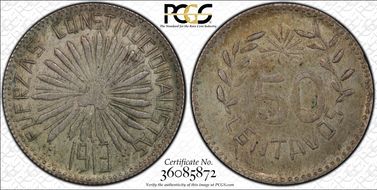 1913 50C KM-608 Reeded Edge AU55