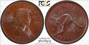 1955 Y. (p) 1D Melbourne obverse Narrow 55 MS64BN