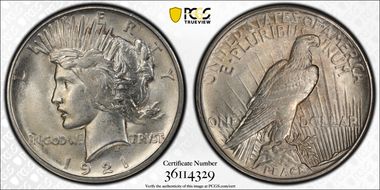 1921 $1 High Relief, Peace MS63