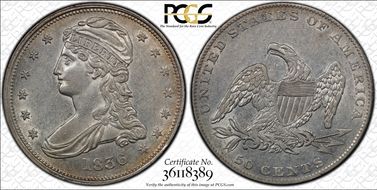 1836 50C Reeded Edge AU55