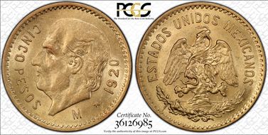 1920-M 5 Peso KM-464  Au MS63